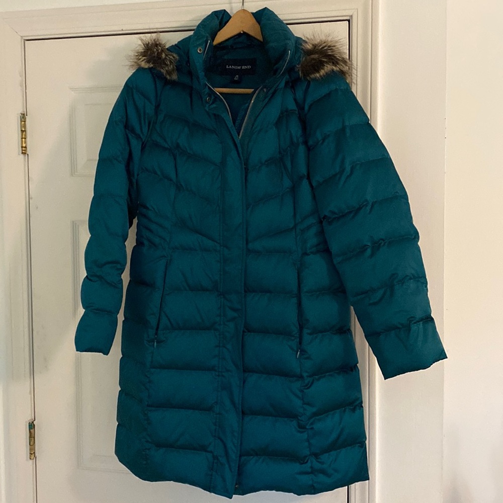 Stunning deep turquoise! Lands end down coat, size M, 2-way zipper. EUC